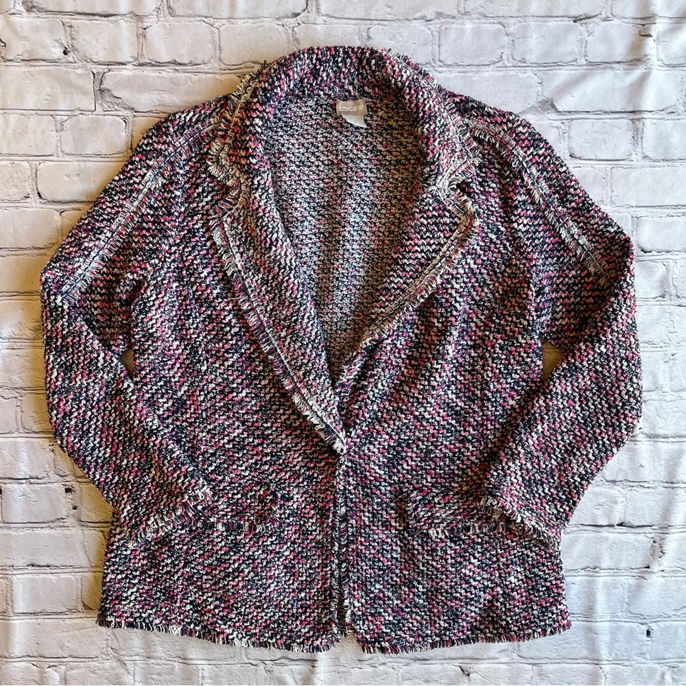 Chico's Blazer 1P MP Tweed Jacket Soft fringe Notched Collar Cardigan Knit Pink